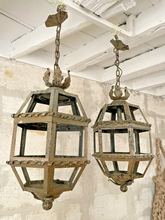 Load image into Gallery viewer, Gorgeous PAIR Antique French Lantern Tole Iron 1930 Chandelier Ceiling Shabby
