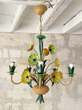 Load image into Gallery viewer, Charming Florentine Chandelier Painted Tole Metal Flowers 70&#39;s Italian Ceiling
