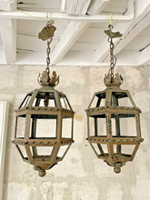 Load image into Gallery viewer, Gorgeous PAIR Antique French Lantern Tole Iron 1930 Chandelier Ceiling Shabby
