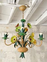 Load image into Gallery viewer, Charming Florentine Chandelier Painted Tole Metal Flowers 70&#39;s Italian Ceiling
