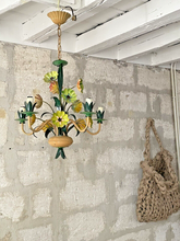 Load image into Gallery viewer, Charming Florentine Chandelier Painted Tole Metal Flowers 70&#39;s Italian Ceiling
