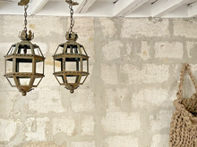 Load image into Gallery viewer, Gorgeous PAIR Antique French Lantern Tole Iron 1930 Chandelier Ceiling Shabby
