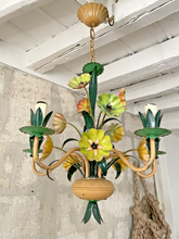 Load image into Gallery viewer, Charming Florentine Chandelier Painted Tole Metal Flowers 70&#39;s Italian Ceiling
