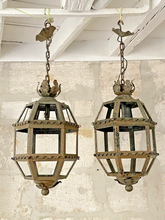 Load image into Gallery viewer, Gorgeous PAIR Antique French Lantern Tole Iron 1930 Chandelier Ceiling Shabby
