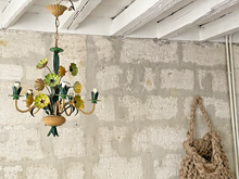 Load image into Gallery viewer, Charming Florentine Chandelier Painted Tole Metal Flowers 70&#39;s Italian Ceiling
