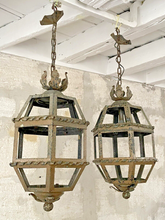 Load image into Gallery viewer, Gorgeous PAIR Antique French Lantern Tole Iron 1930 Chandelier Ceiling Shabby
