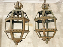 Load image into Gallery viewer, Gorgeous PAIR Antique French Lantern Tole Iron 1930 Chandelier Ceiling Shabby
