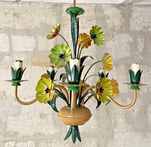 Load image into Gallery viewer, Charming Florentine Chandelier Painted Tole Metal Flowers 70&#39;s Italian Ceiling
