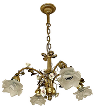 Load image into Gallery viewer, Rare French Antique Bronze Louis XVI Chandelier Porcelain Flowers Ribbon Foliage
