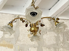 Load image into Gallery viewer, Rare French Antique Bronze Louis XVI Chandelier Porcelain Flowers Ribbon Foliage
