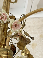 Load image into Gallery viewer, Rare French Antique Bronze Louis XVI Chandelier Porcelain Flowers Ribbon Foliage
