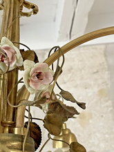 Load image into Gallery viewer, Rare French Antique Bronze Louis XVI Chandelier Porcelain Flowers Ribbon Foliage
