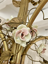 Load image into Gallery viewer, Rare French Antique Bronze Louis XVI Chandelier Porcelain Flowers Ribbon Foliage
