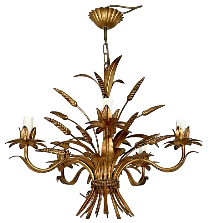 Gorgeous Wheat Gilded Chandelier Ceiling 70's Regency Mid Century HANS KOGL Styl