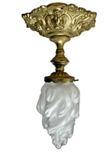 Load image into Gallery viewer, Gorgeous French Hall Lantern 1900 Chandelier Ceiling Gilded Brass Flame Glass
