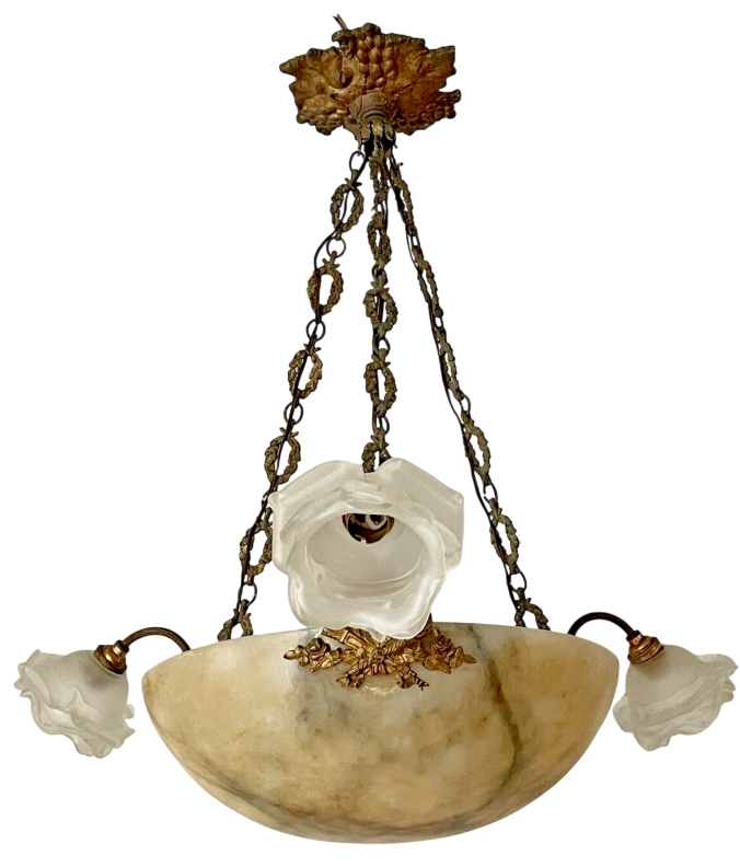 1900 Gorgeous Antique French Alabaster Pendant Chandelier Ceiling Gilded Bronze