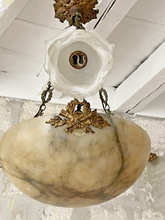 Load image into Gallery viewer, 1900 Gorgeous Antique French Alabaster Pendant Chandelier Ceiling Gilded Bronze
