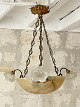 Load image into Gallery viewer, 1900 Gorgeous Antique French Alabaster Pendant Chandelier Ceiling Gilded Bronze
