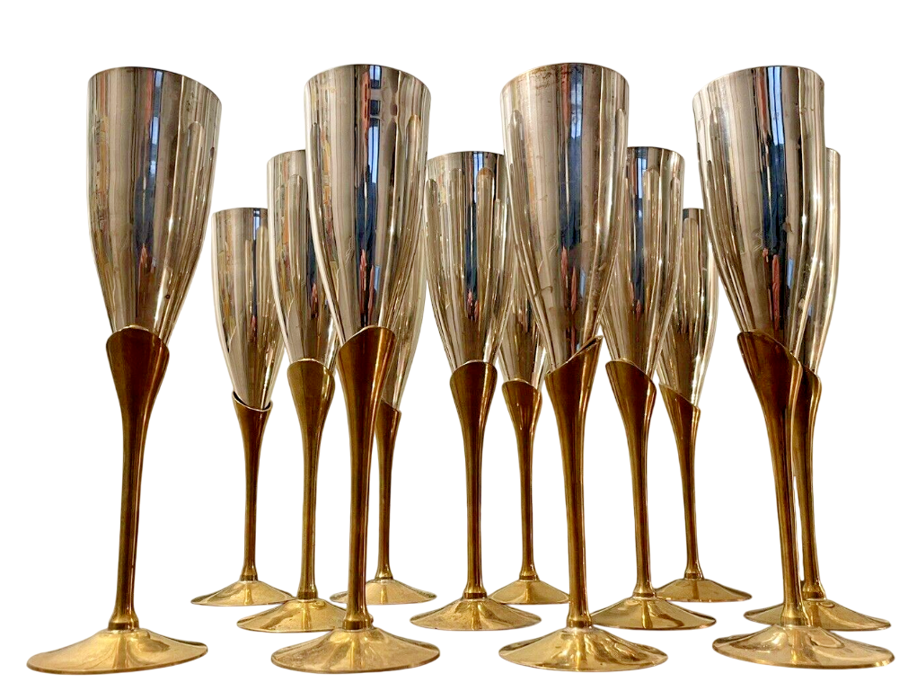 Charming Set of x12 Vintage Champagne Flutes - Brass & Silverplated Metal - 9