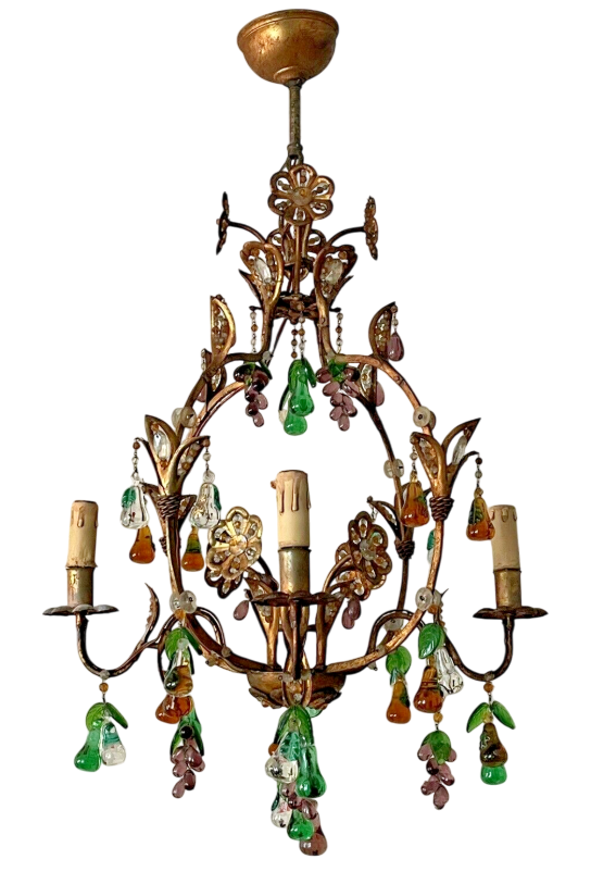 Gorgeous Antique Chandelier Handmade Glass Drops Fruits 1920 MURANO 4 lights