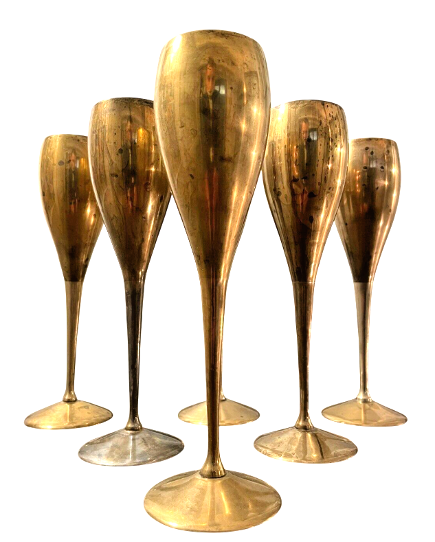 Charming Set of x6 Vintage Champagne Flutes - Brass & Silverplated Metal - 9