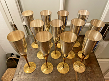 Load image into Gallery viewer, Charming Set of x12 Vintage Champagne Flutes - Brass &amp; Silverplated Metal - 9&quot;
