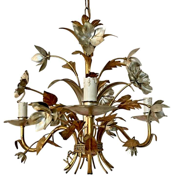 Silver & Gilded Enameled Chandelier Ceiling 70' Regency Mid Century HANS KOGL St