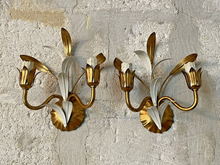 Load image into Gallery viewer, Gorgeous Florentine PAIR Wall Light Gilt Enameled Metal Tole 1980 Italian
