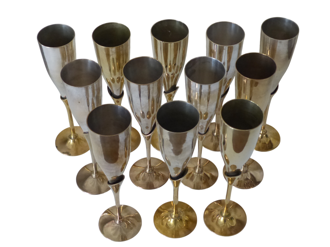 Charming Set of x12 Vintage Champagne Flutes Brass & Silverplated Metal - 9