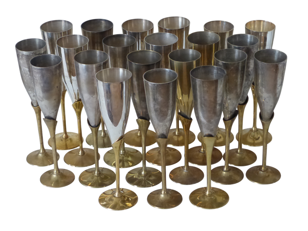 Charming Set of x20 Vintage Champagne Flutes Brass & Silverplated Metal - 9