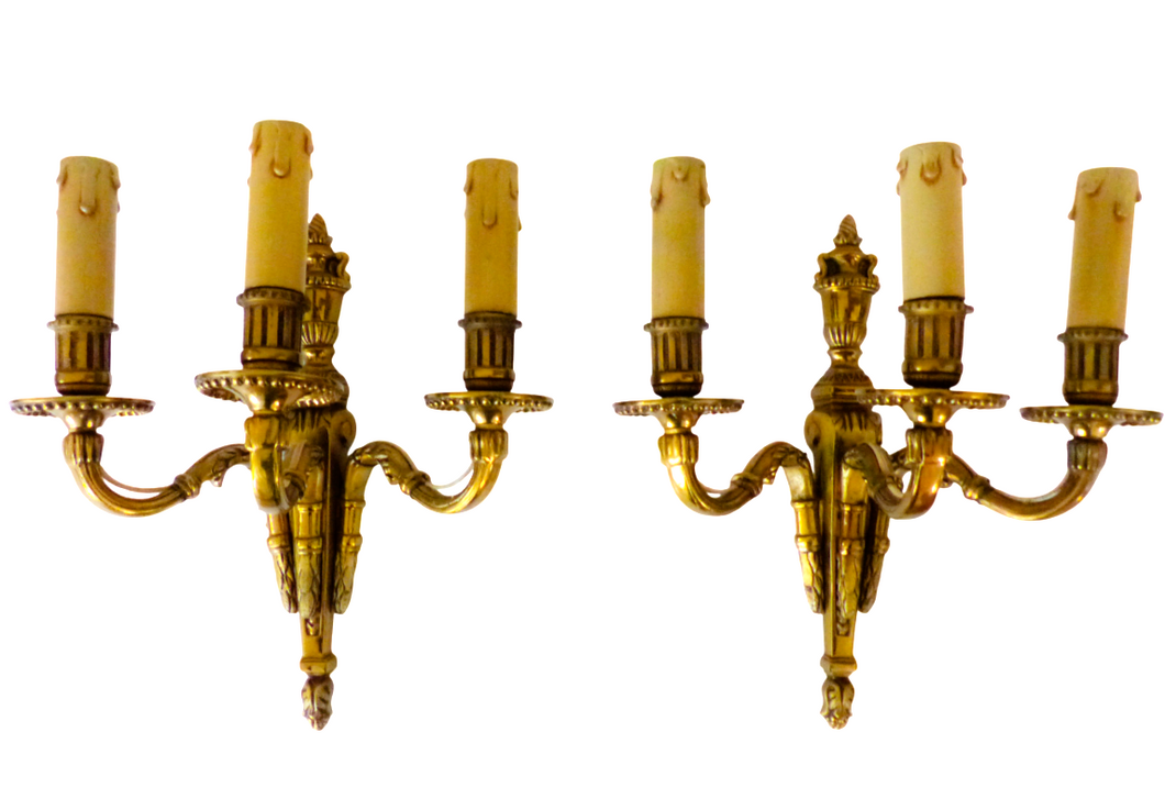 Gorgeous Antique PAIR French Bronze 1930 Wall Light Sconce Triple arms Louis XVI