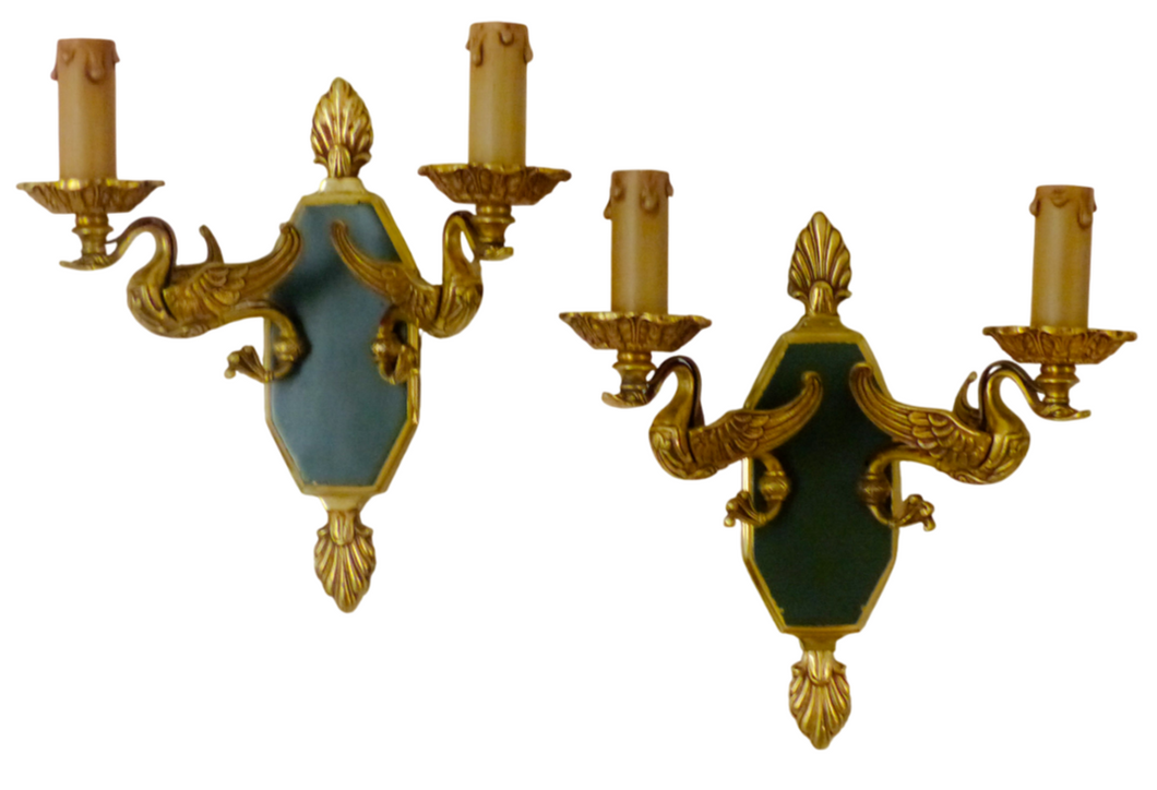 Vintage PAIR French Empire Wall Light Sconce RARE 2 Light Swans Bronze 1950