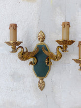 Load image into Gallery viewer, Vintage PAIR French Empire Wall Light Sconce RARE 2 Light Swans Bronze 1950
