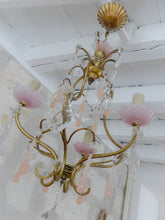 Load image into Gallery viewer, Antique Chandelier Peachy PINK Opaline Drops Cup Beads MURANO RARE 3 lights 1930
