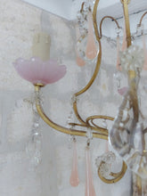 Load image into Gallery viewer, Antique Chandelier Peachy PINK Opaline Drops Cup Beads MURANO RARE 3 lights 1930
