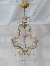 Load image into Gallery viewer, Antique Chandelier Peachy PINK Opaline Drops Cup Beads MURANO RARE 3 lights 1930
