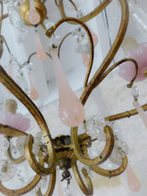Load image into Gallery viewer, Antique Chandelier Peachy PINK Opaline Drops Cup Beads MURANO RARE 3 lights 1930
