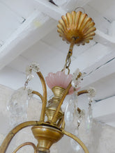 Load image into Gallery viewer, Antique Chandelier Peachy PINK Opaline Drops Cup Beads MURANO RARE 3 lights 1930
