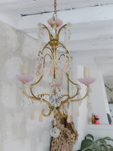 Load image into Gallery viewer, Antique Chandelier Peachy PINK Opaline Drops Cup Beads MURANO RARE 3 lights 1930
