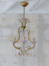 Load image into Gallery viewer, Antique Chandelier Peachy PINK Opaline Drops Cup Beads MURANO RARE 3 lights 1930
