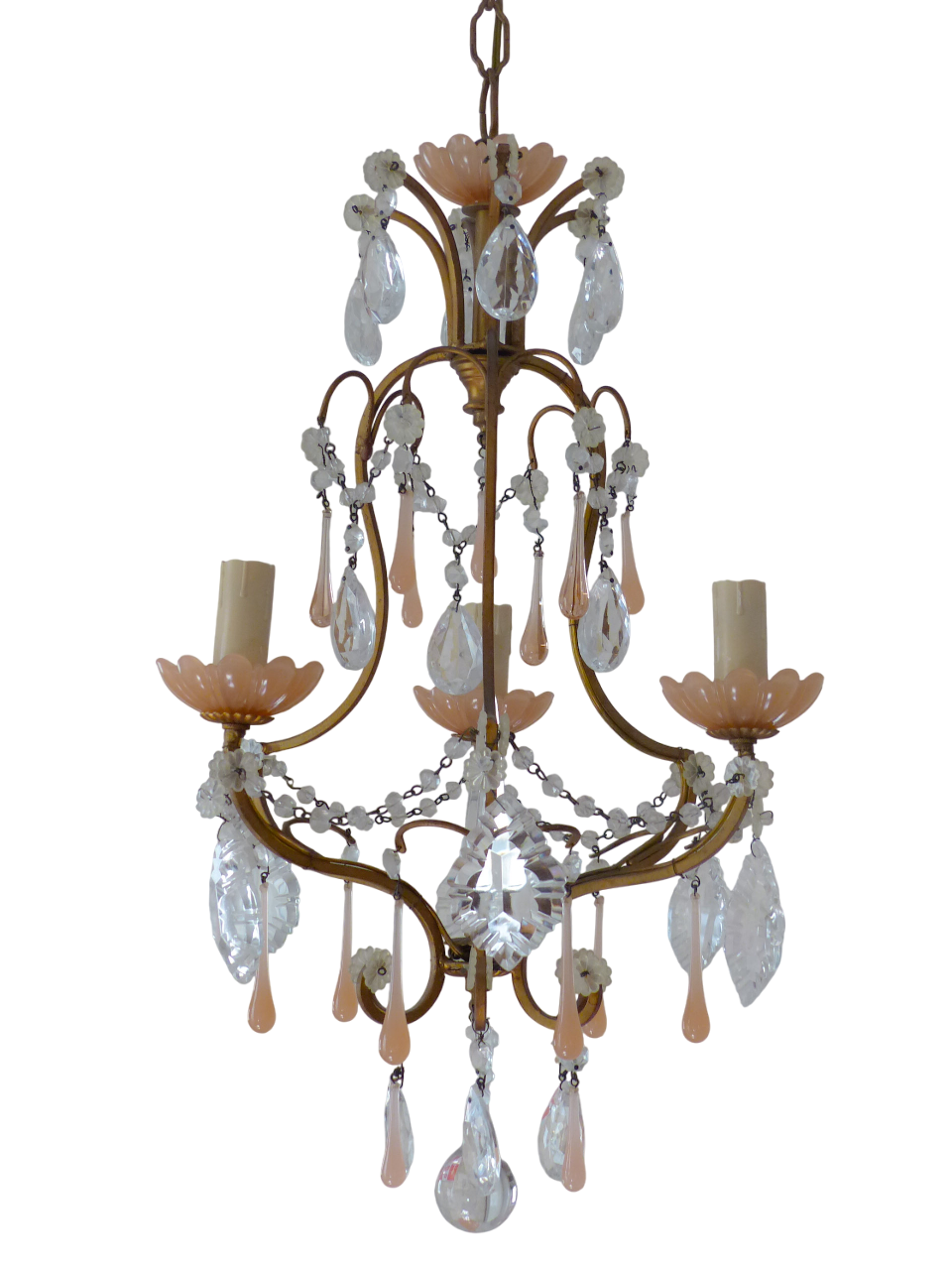 Antique 1930 Chandelier Peachy PINK Opaline Drops Cup Beads MURANO RARE 3 lights