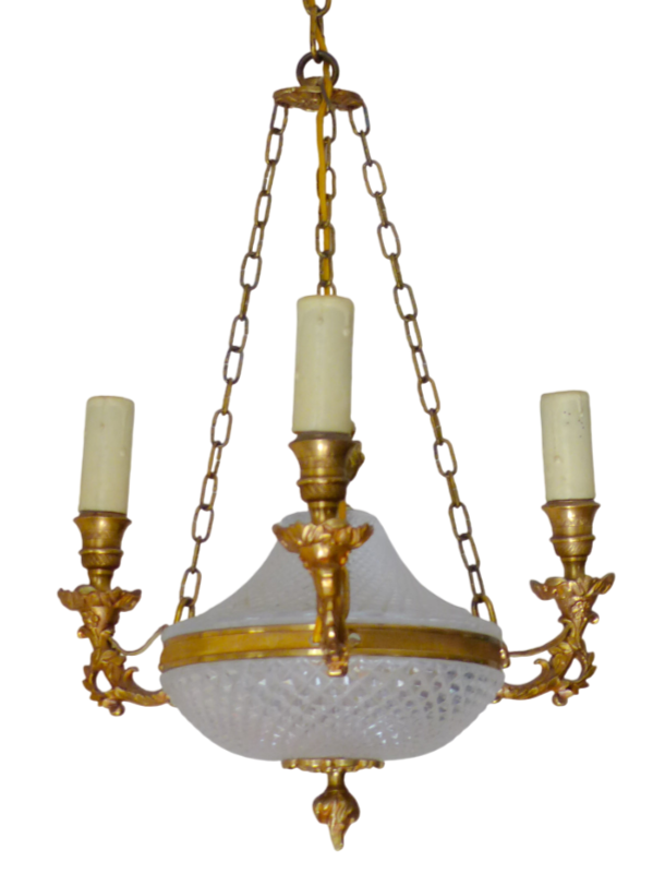 1950 Vintage French 3 Arms Ormolu Bronze Cut Crystal Chandelier Ceiling Empire