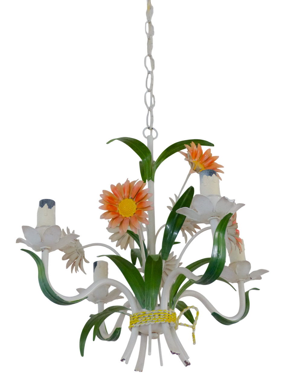 Charming Florentine Chandelier Enameled Metal Tole Flowers Italian Ceiling 70's
