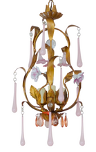 Load image into Gallery viewer, Gorgeous Vintage Chandelier Pink Glass Drops Porcelain flowers Murano 1950 RARE
