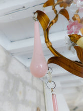 Load image into Gallery viewer, Gorgeous Vintage Chandelier Pink Glass Drops Porcelain flowers Murano 1950 RARE
