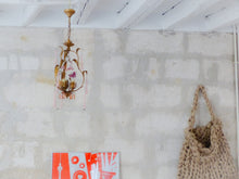 Load image into Gallery viewer, Gorgeous Vintage Chandelier Pink Glass Drops Porcelain flowers Murano 1950 RARE
