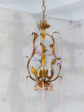 Load image into Gallery viewer, Gorgeous Vintage Chandelier Pink Glass Drops Porcelain flowers Murano 1950 RARE
