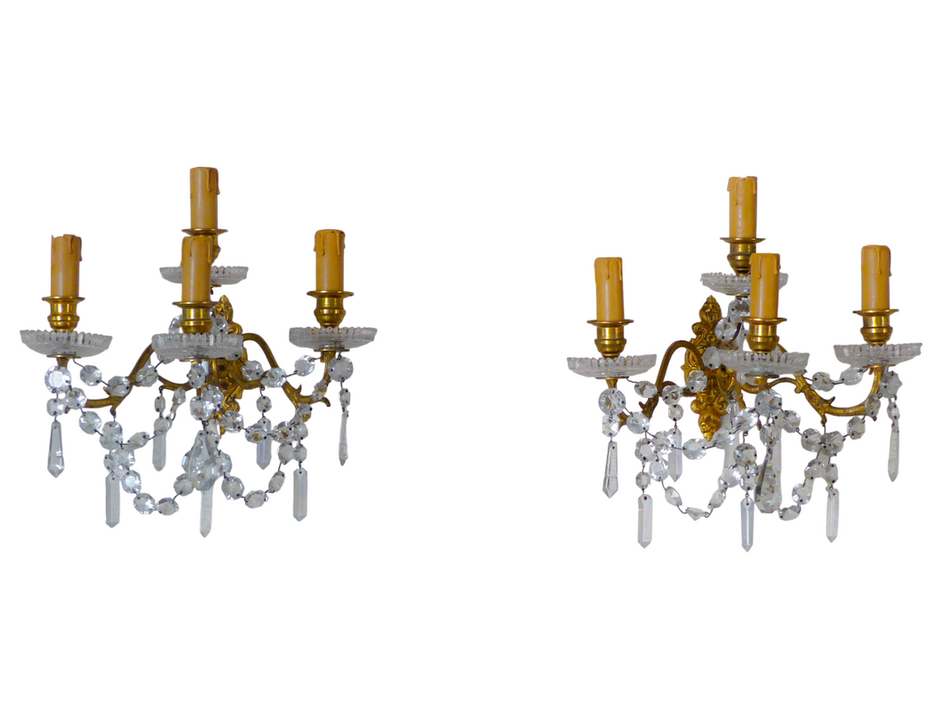 BACCARAT 19TH Gorgeous PAIR Wall Light Clear Crystal Drop Sconces 4 Fires RARE