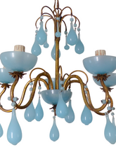 Load image into Gallery viewer, Antique Chandelier Aqua Blue Opaline Drops Cup Beads 1930 MURANO 5 lights RARE
