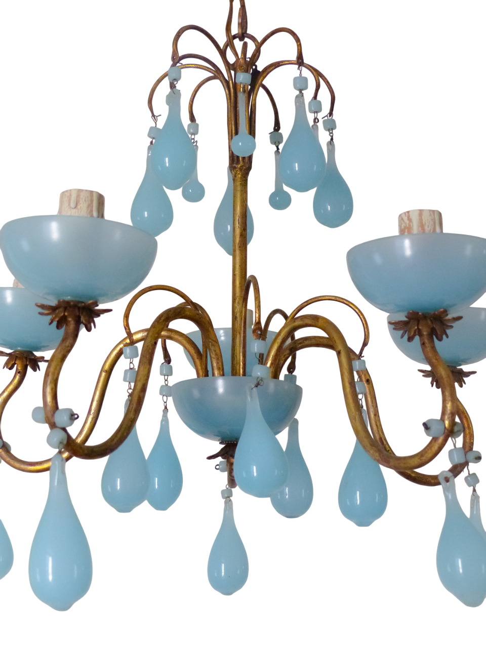 Antique Chandelier Aqua Blue Opaline Drops Cup Beads 1930 MURANO 5 lights RARE